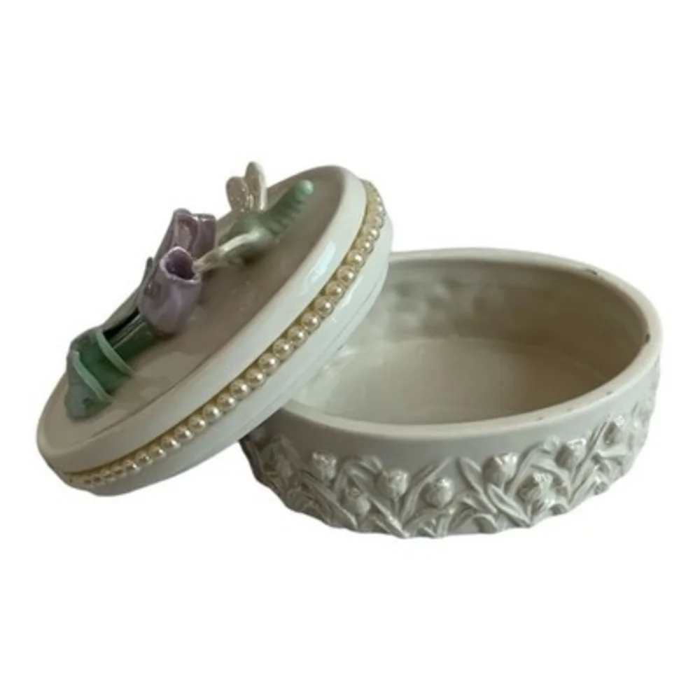 Vintage Lenox 3D Floral Jewelry Trinket Box Nacreous Porcelain Dragonfly 3.75